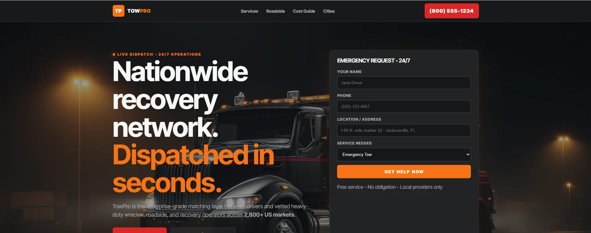TowPro Towing website homepage designed by HyperLocalSites.com